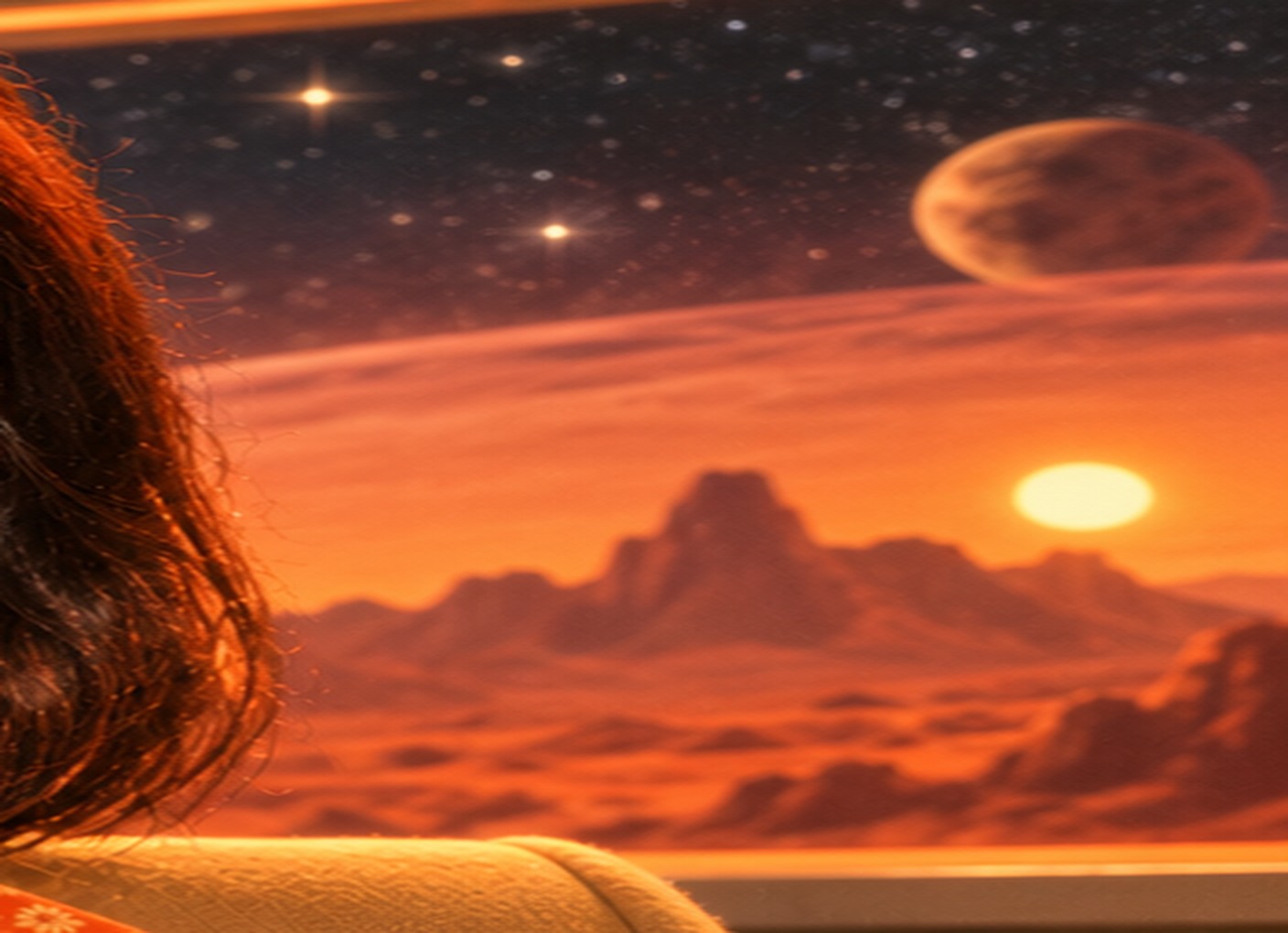 Orange desert planet seen through a lounge window
